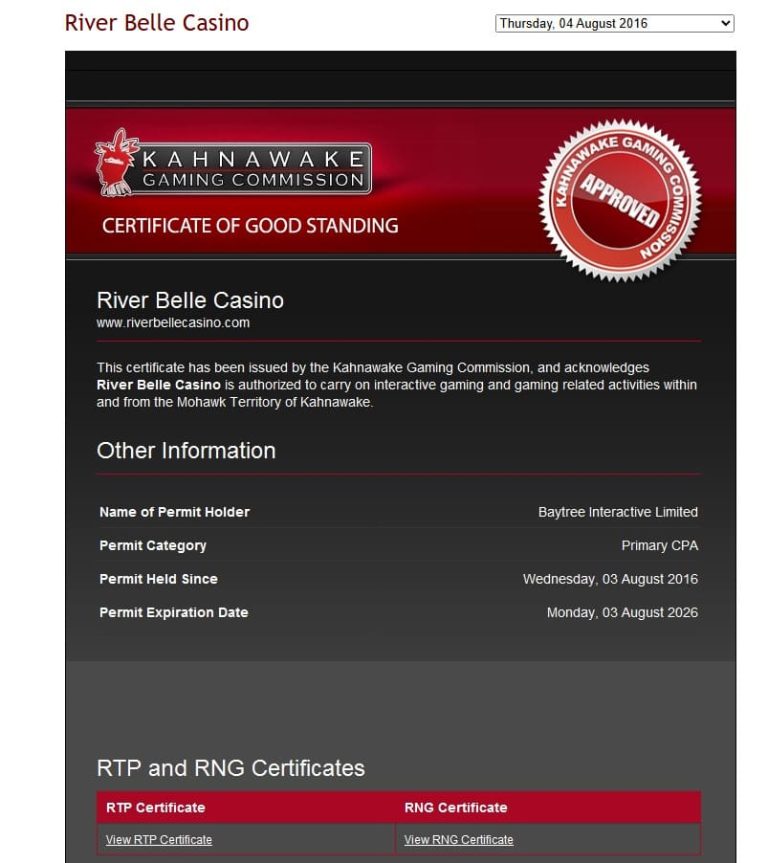 River Belle Casino certificat